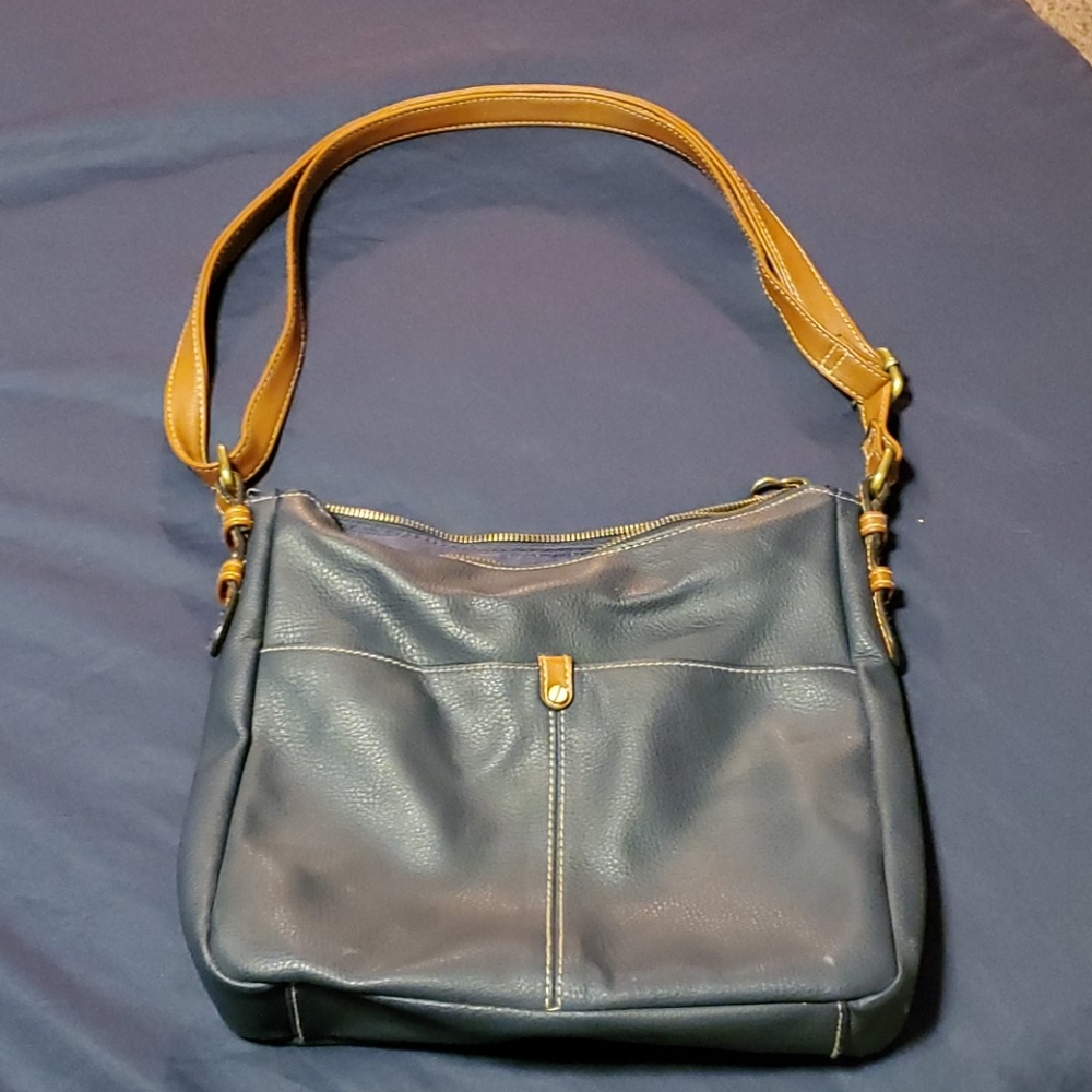 Navy Blue Leather Purse with Tan Strap